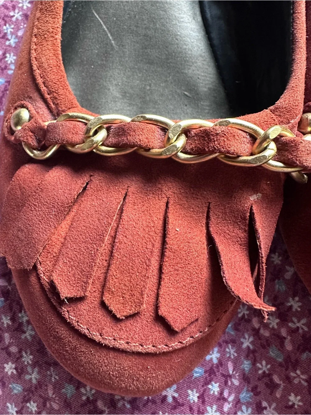 Monet Rust Suede Fringe Loafers with Gold Chain Accent